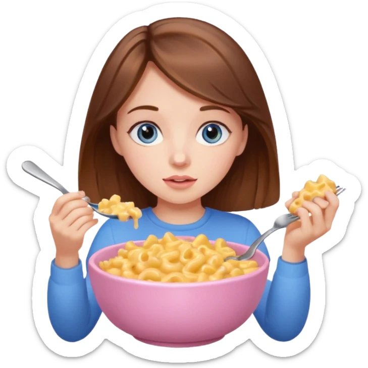 girl with brown hair and blue eyes eating mac and cheese out of a pastel pink bowl sticker