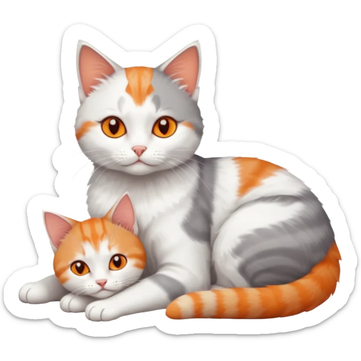 full body of a grey and white cat cuddling a very small + skinny ginger and white kitten with deep orange eyes and triangular shaped face lying down sticker