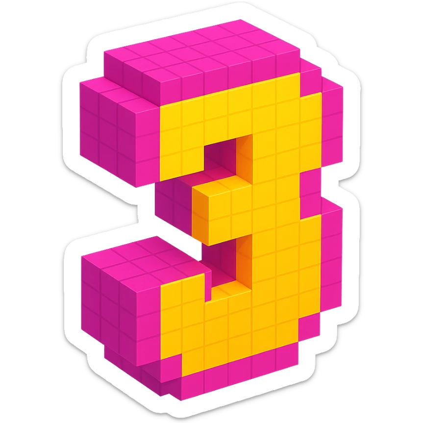 3D blocky number 3 in voxel style with vibrant colors sticker