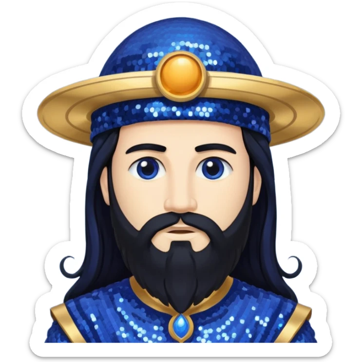 Saturn, God of Time from Gods and Goddesses with long black hair and beard, indigo sequin outfit sticker