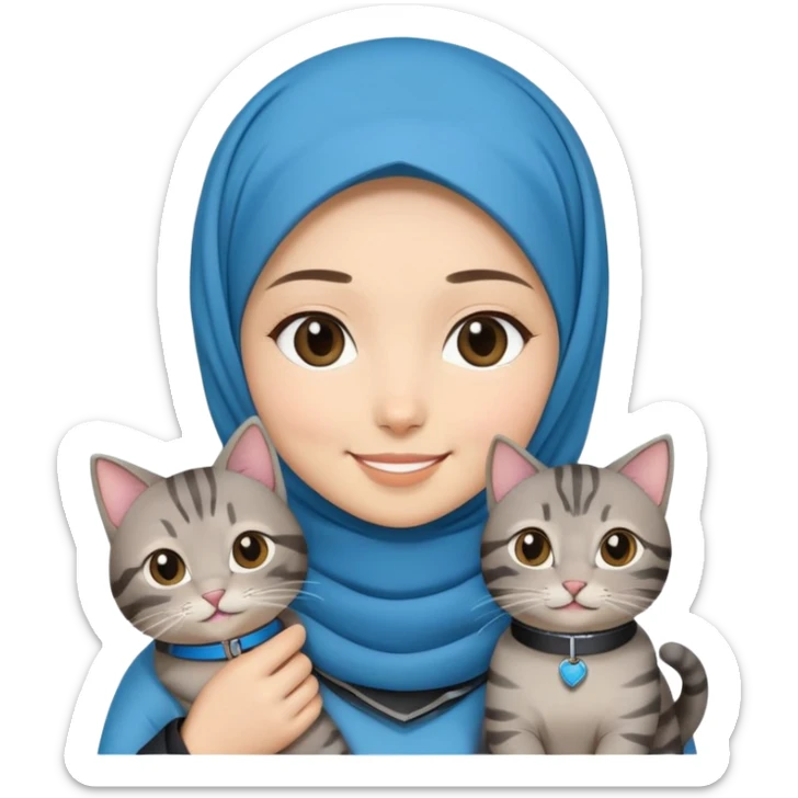 Asian White girl wearing hijab holding a black grey tabby cat while smiling.  The cat is wearing a blue collar sticker