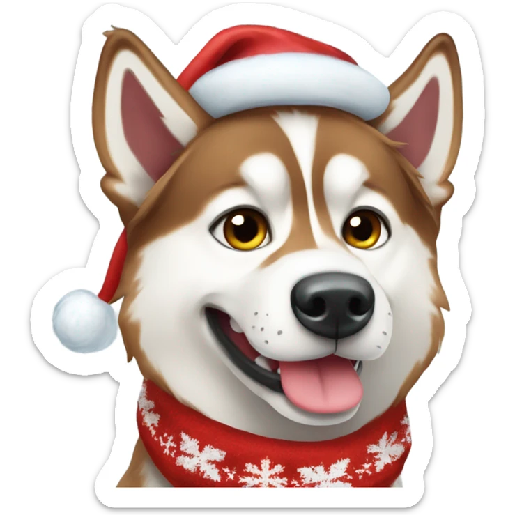 Blue-eyed red Siberian Husky wearing a Santa hat and scarf sticker