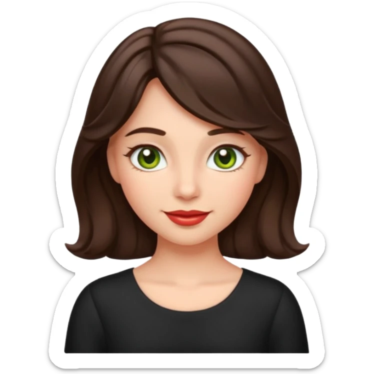 apple style emoji of a coquette girl with midi dark brown slightly wavy hair, bright skin, greenish hazel eyes, small cute lips, gentle smile and rosy cheeks sticker