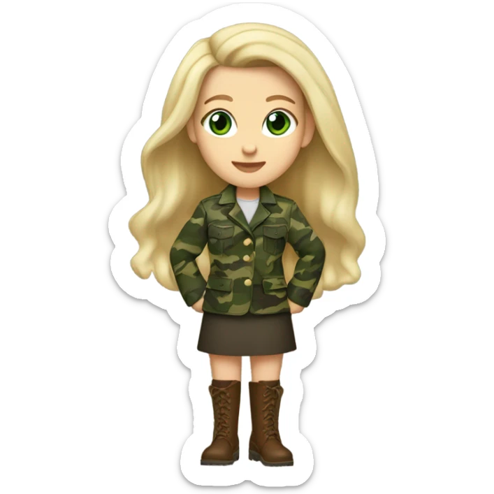 White girl with Long blonde hair and green eyes, camouflage Wool oversize blazer, mini skirt and Brown leather boots  sticker