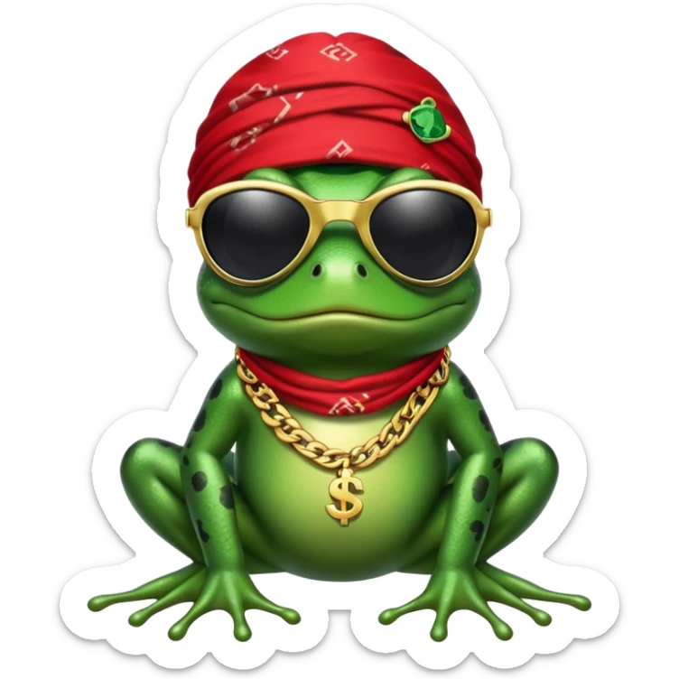 thug life frog wearing black sunglasses, gold chain, bandana, dollar sign bling sticker
