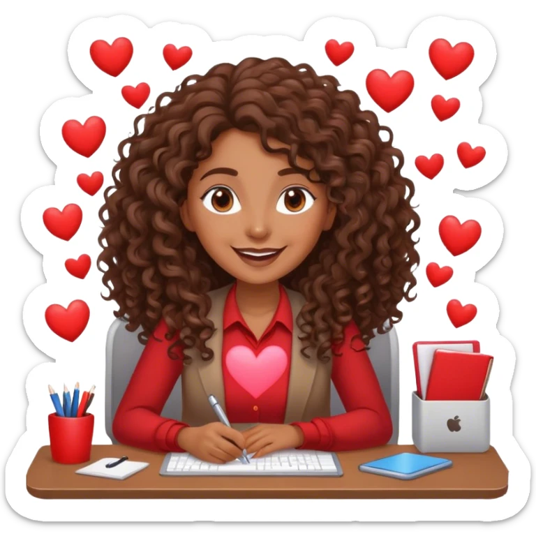 Hearts around a Beautiful woman working at a desk. Her hair is brown long and curly. She is in love sticker