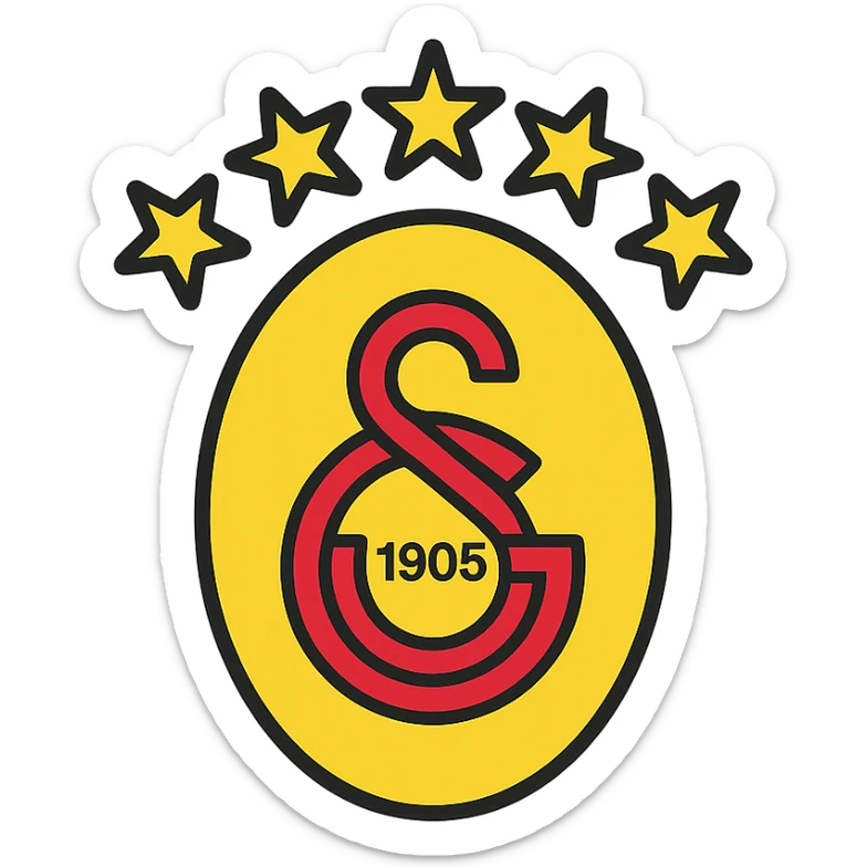 Galatasaray emblem with 5 stars on top, yellow and red tones, modern logo style, minimalistic, color outline icon style sticker