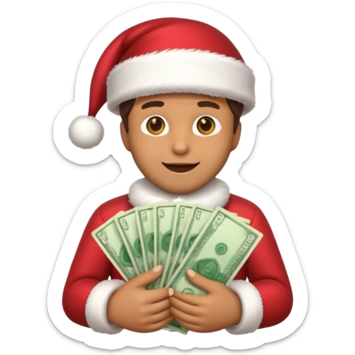 A confident rich emoji face wearing a Santa hat, money stacks, casino vibe, New Year theme, premium 3D emoji style, sharp details, no text, isolated on transparent background sticker