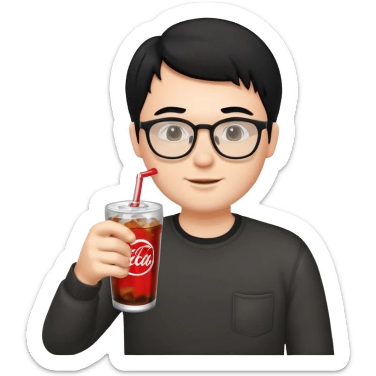 Hombre blanco con gafas, pelo negro tomando un refresco frente a un ordenador con ropa de sport sticker