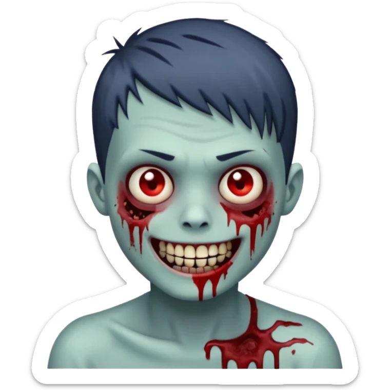 zombie boy with emo short hair, white skin, and white eyes; an open smile, and bloodied teeth; sticker