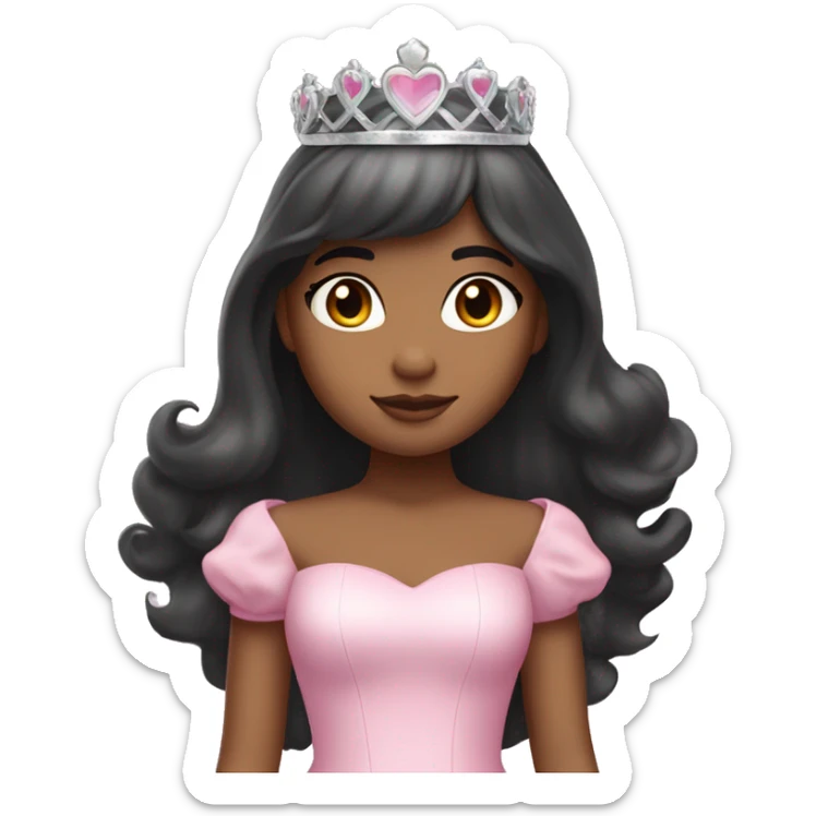 Princess with halo with medium skin tone with long black hair with bang with silver pink heart tiara and pink dress sticker