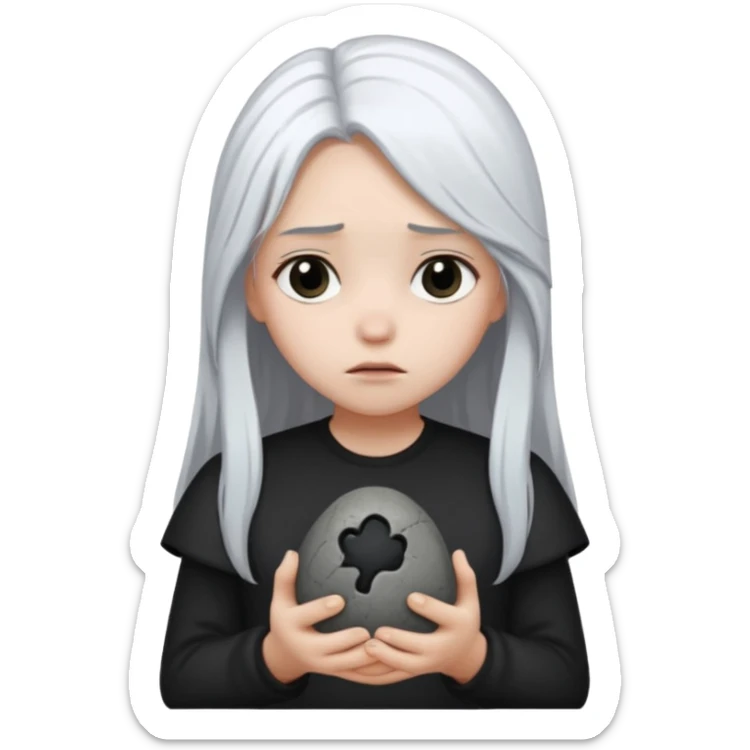 A girl with long white hair is sad and holds a black in her hands sticker