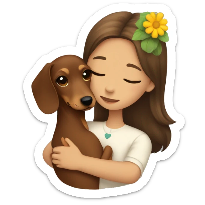 Dachshund hugging a girl with brown hair and a flower in her hair sticker