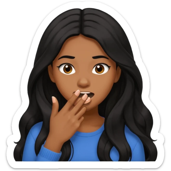 biting nails in flirtatious and shy way, brown skin, long black hair sticker