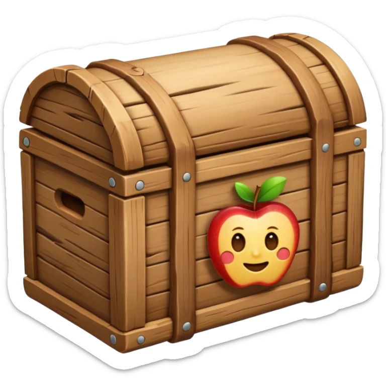 wooden box emoji, closed box with a log peeking out from the top, natural wood finish, apple emoji style sticker