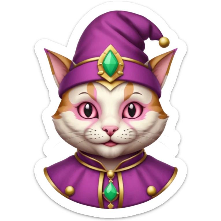 court jester cat medieval, single poker card joker clearly visible, pink, face only, round badge,  court jester cap sticker