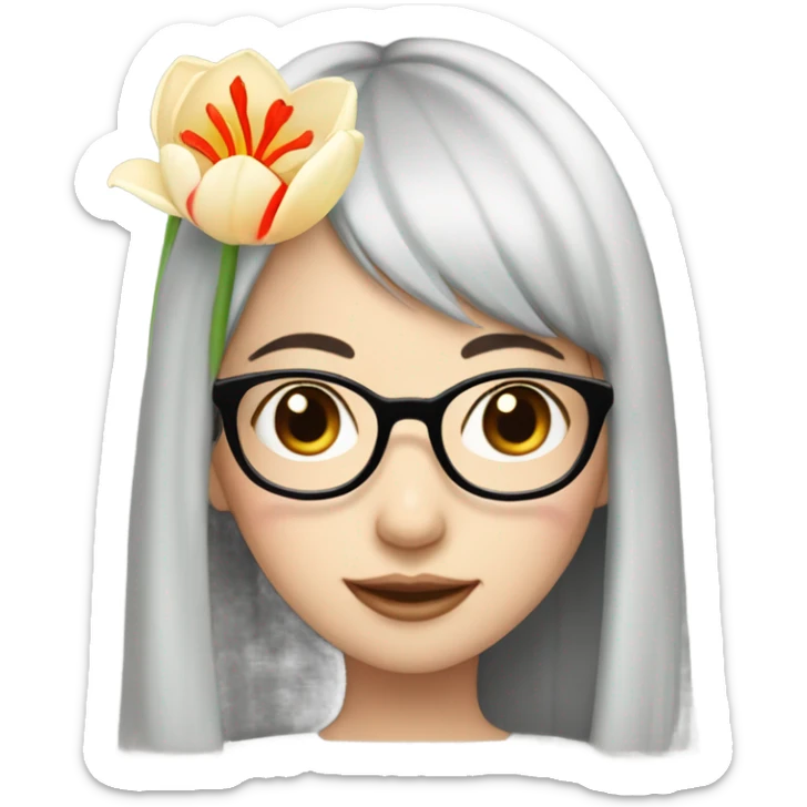 asian pale skin girl with long black hair and bangs and glasses holding tulips sticker
