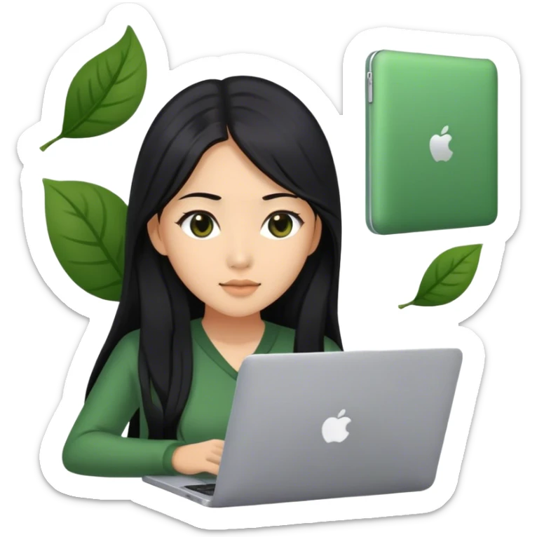 Long hair asian woman working on green laptop with brown eyes sticker