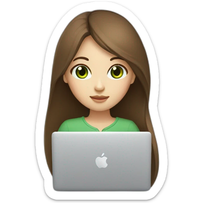 brown straight long Hair green eyes korean girl with macbook sticker