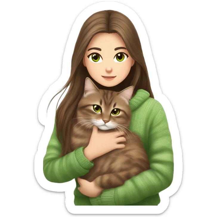 Siberian tappy cat with white paws and green eyes and white nose have a cozy time with a beautiful girl with long brown hair and brown eyes and she wearing a brown sweater  sticker