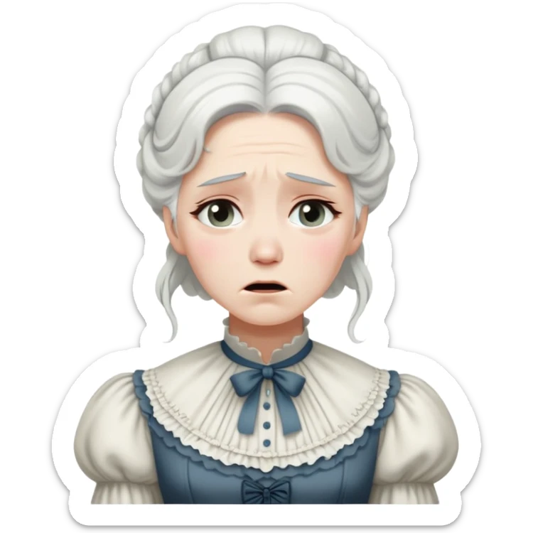 A Victorian woman with coiffed white hair wearing a modest dress sobbing with tears streaming down her face sticker