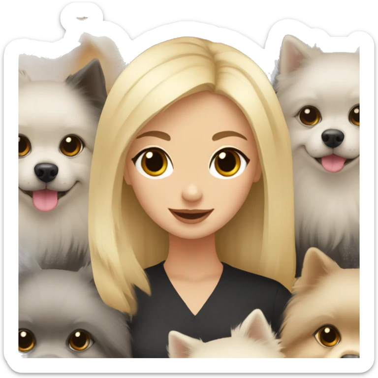blond hair girl holding two pomeranians: a black pomeranian and grey pomeranian  sticker
