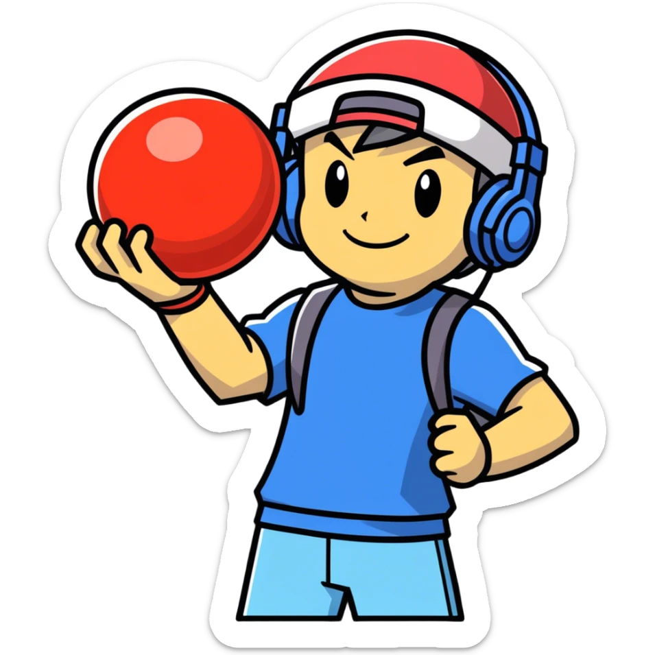 Hot handsomeb muscular 6ft tall smiling happy clean shaven Ash Ketchum being a  dj and his music rocks while holding his pokemon ball sticker