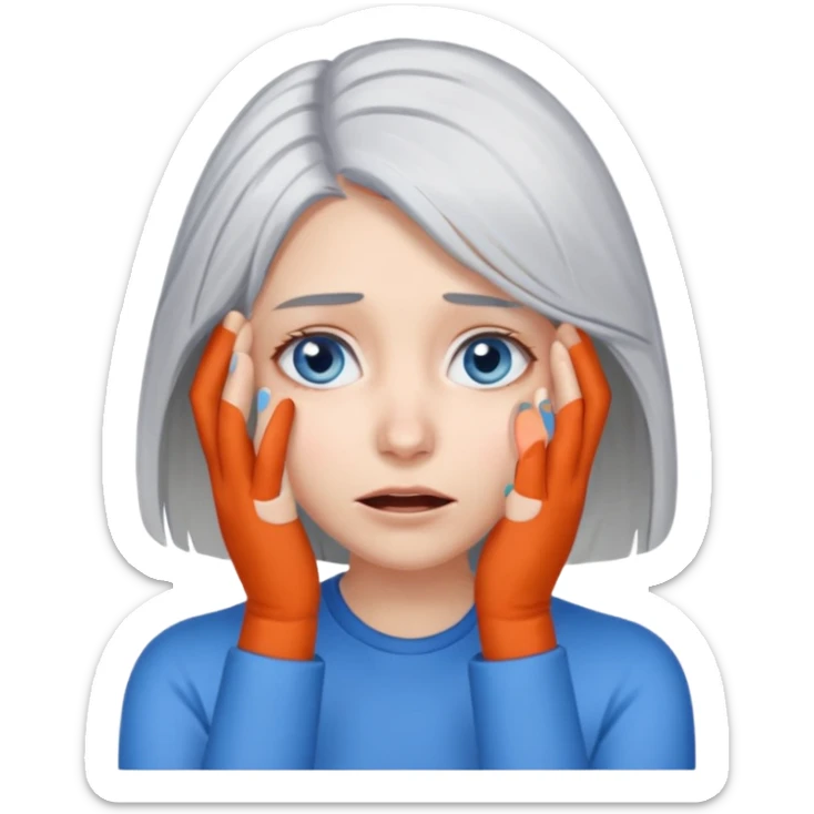 young woman with gray hair and blue eyes and 1 palm of hand covering face in exasperation sticker
