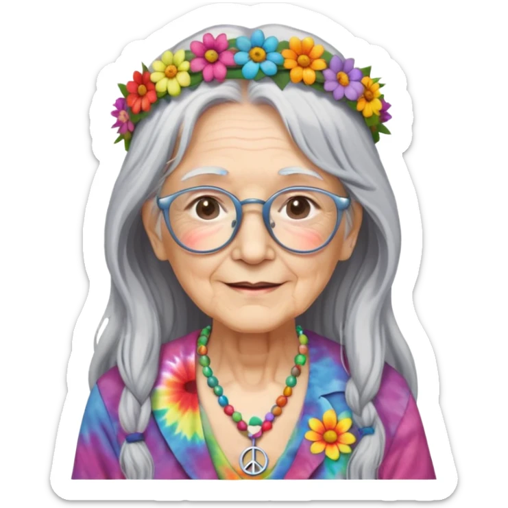 elderly woman with long grey hair, glasses, peace sign necklace, tie-dye clothing, flower crown sticker