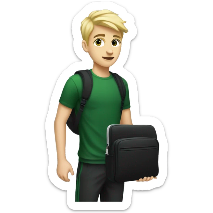 A tall blonde male teenager, 17 years old, holding a black laptop bag, wearing a dark green shirt and tracksuit pants sticker