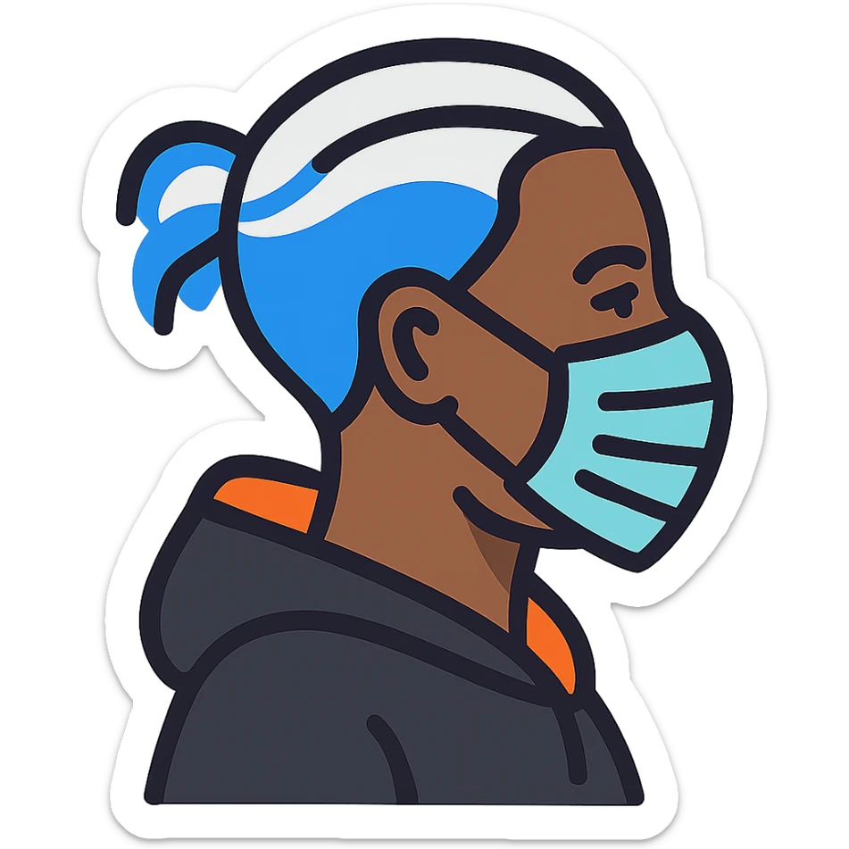 Adjust the hoodie to be black with only the inside and edge of the hood in orange. Keep the Black-skinned man with white and blue hair tied up at the back, blue at the ends and center, wearing a medical mask, right angle view, hairstyle as before. sticker