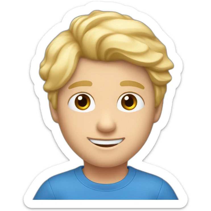 Jongen met blond haar blauwe ogen blauwe broek rood jasje en een wit t- shirt sticker