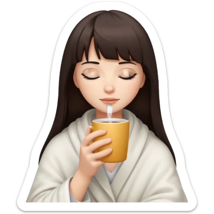 Dark brown hair with straight bang girl inside a white blanket sipping coffee eyes closed sticker
