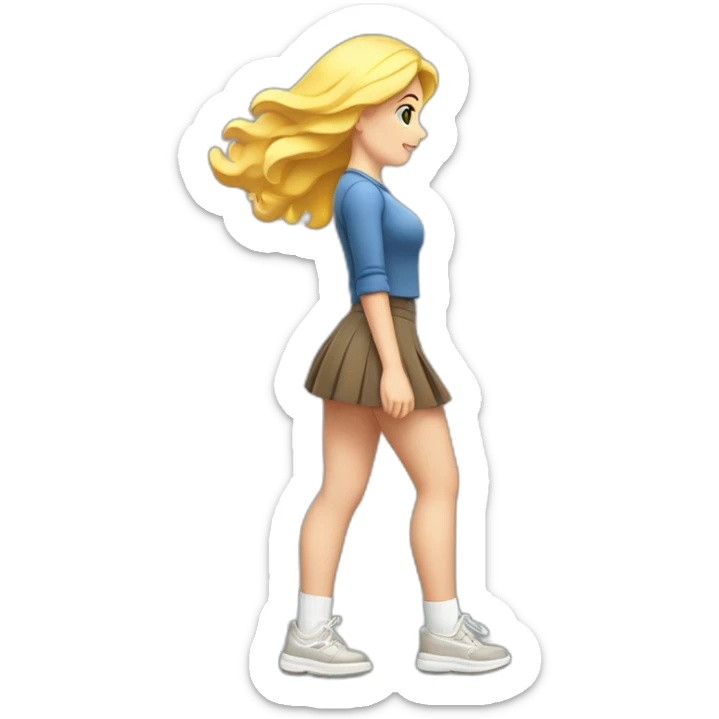 full body back view curvy caucasian beauty in small skirt lifted by the wind butt white socks sticker