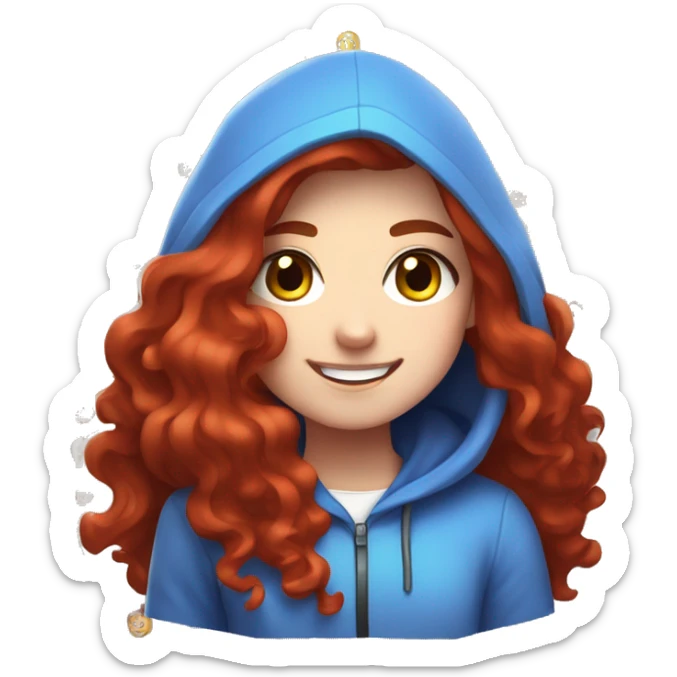 a white girl with long red curly hair and freckles, wearing periwinkle Minecraft hoodie playing a videogame smiling sticker