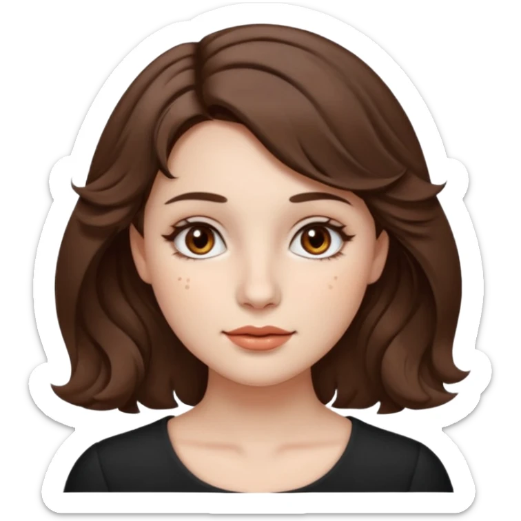A very beautiful woman with fair white skin, short wavy brown hair, and brown eyes. She has ten small beauty marks (moles) scattered across her face. Her appearance is cute and elegant, with soft feminine features. Emoji-style portrait with clear face details. sticker