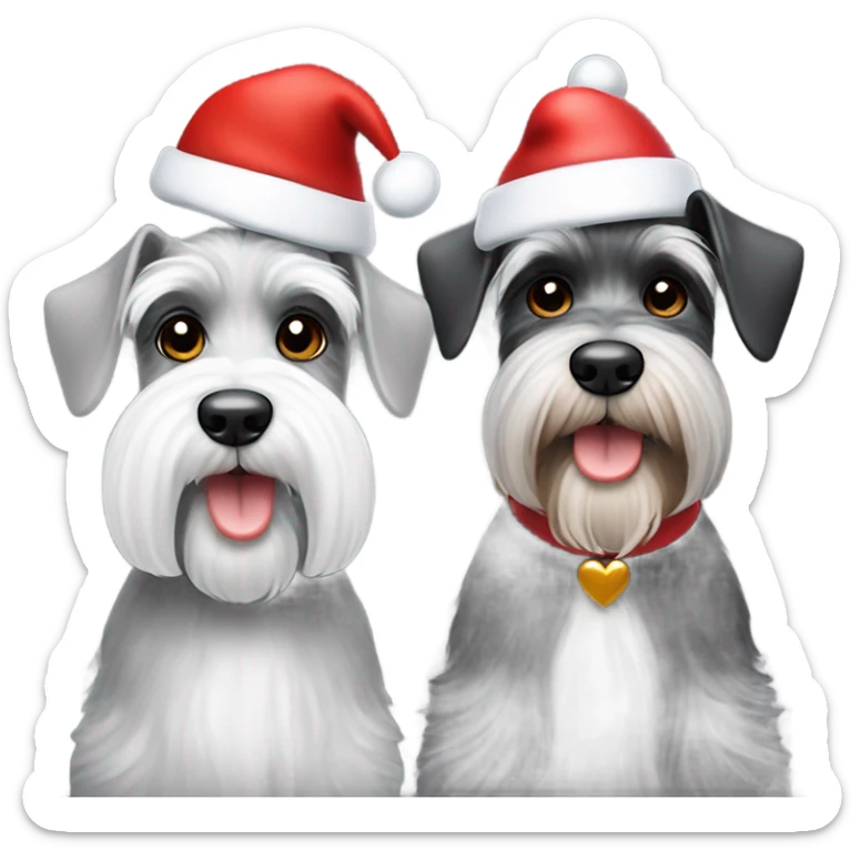 2 miniature schnauzers, 1 grey and 1 black and white, wearing Christmas hats with a heart above them sticker