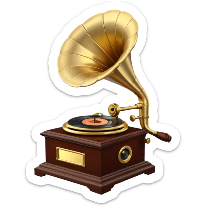 3D render of Gramophone, vintage 1980s audio equipment aesthetic, tactile analog buttons, polished brass gold horn with a dark mahogany wood base, mixed wood grain and brushed aluminum textures, Apple emoji style, isolated on white background --v 6.0 sticker