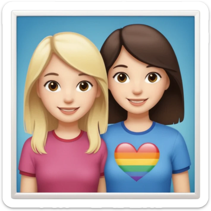 a brunette girl and a blonde girl smiling in polaroid picture sticker