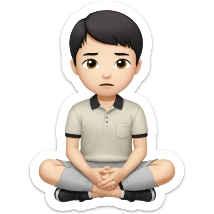 A cartoon young Asian boy with short black hair, light beige skin, and large expressive eyes, wearing a white polo shirt, gray pants, and black shoes. He sits cross-legged on the ground, one fist resting on his cheek, with a closed-mouth smirk. Clean lines, flat colors, solid black background. sticker