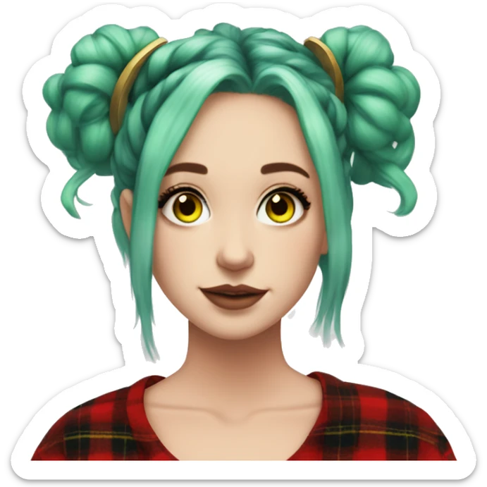  Pale woman, blue eyes, green hair, space buns hairstyle, wearing a red flannel, gold hoop earrings, thick wing eyeliner sticker