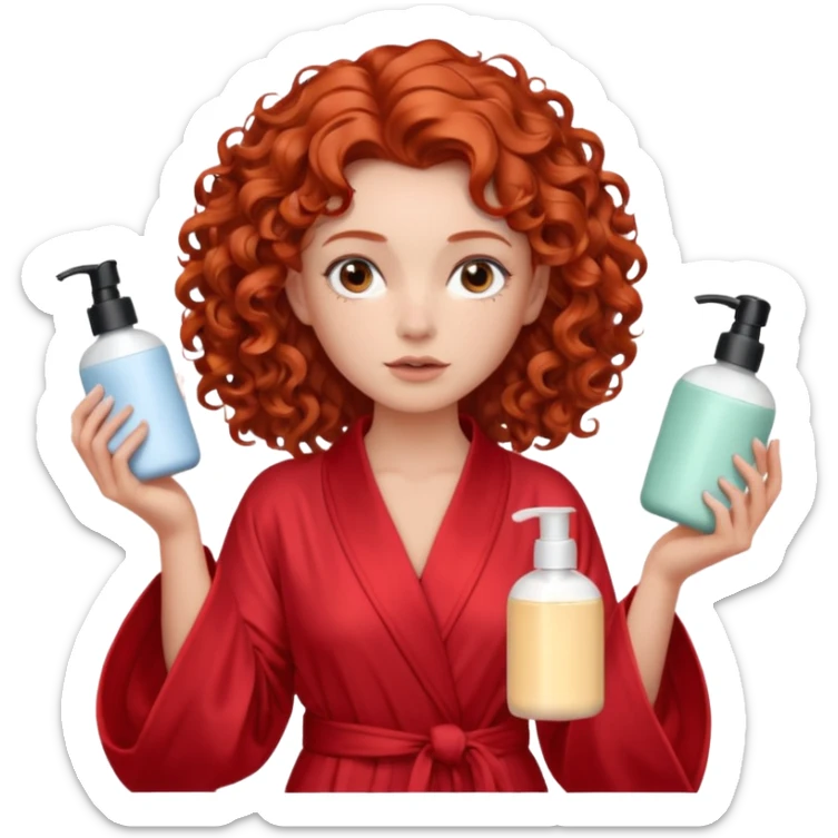 Cartoon emoji of a girl with voluminous curly red hair, fair skin, warm brown eyes. Wearing a chic milky silk robe with long sleeves, no makeup. Portrait mode, holding 3 moisterizers or different skin care products, looking super doubtful twisted and unsure. Smooth, simple, stylized." sticker