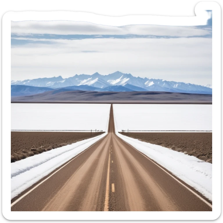 A long STRAIGHT dirt road that disappears into the horizon half way up the screen from the perspective of someone sitting in the middle of the road looking down it. Flat snow fields on both sides of the road with huge looming mountains above the roads horizon line.  sticker