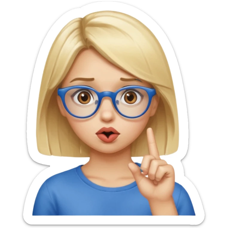 Blonde girl with brown eyes, blue glasses saying shhhh with her finger in the middle of her pouty lips sticker