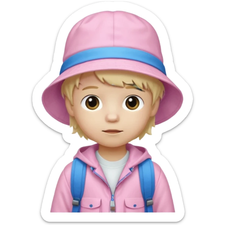 A little boy student white skin, blonde hair, with pink bucket hat, white jacket, blue backpack sticker