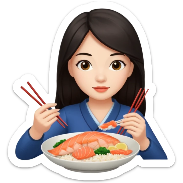 chica joven con piel clara y pelo oscuro largo comiendo un plato de arroz con salmón  sticker