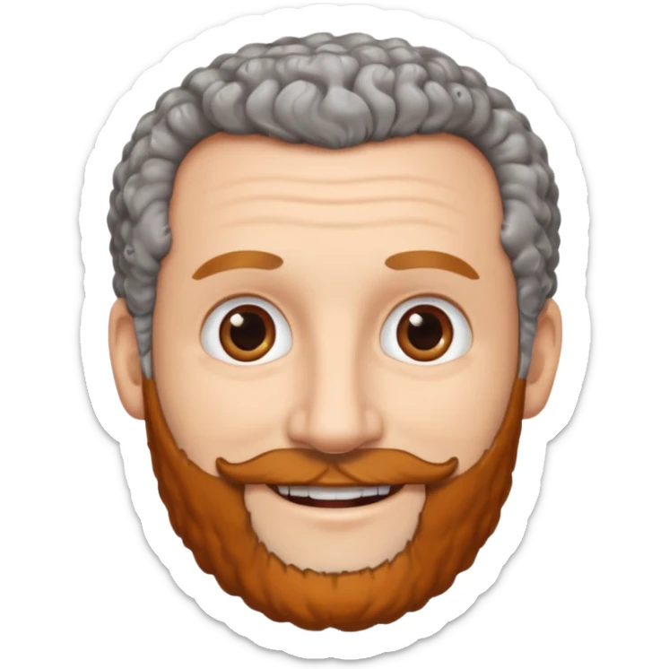 Illustrated emoji of a middle aged man with receding grey curly hair, brown eyes, white skin and a beard sticker