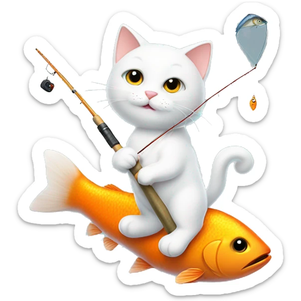 super cute white cat with orangey tail holding a fishing rod with a fish on the end sticker