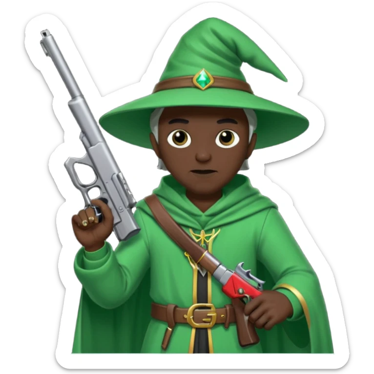 A wizard 🧙 wearing green clothes, with black skin, holding a pistol 🔫 and a rifle sticker
