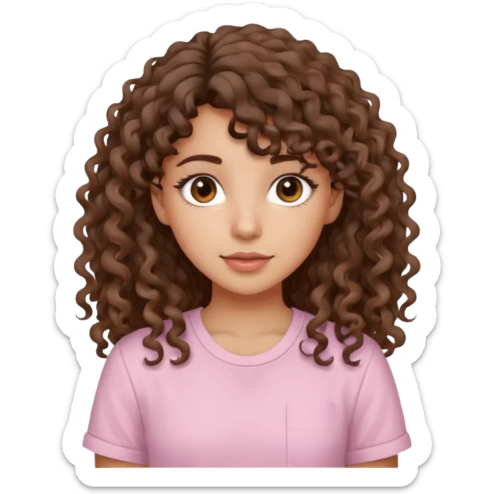 A Latina girl with brown eyes and long loose curly hair with curly bangs with a light pink shirt sticker